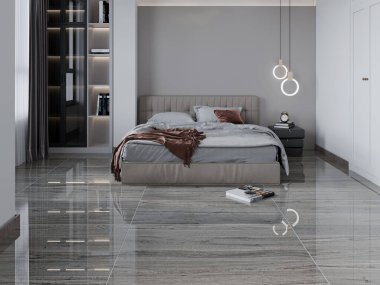 Zarif yatak odası, dairesel asılı lambalar kadife kaplı şık gri yatak başlığı parlak gri mermer döşeme, ahşap mobilya. 3 Boyutlu Çizimler. 3B Hazırlama