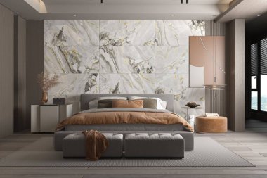 Beyaz duvarlı, modern tarz, parlak bir yatak odası. Beyaz ahşap mobilyalar, yerde ahşap desenli mermer, koyu gri kumaş ve deri mobilya ile dekore edilmiş, pencere duvarı. 3B Hazırlama