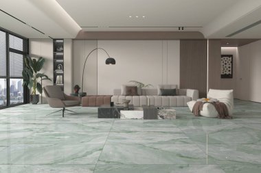 Mobilyaları, bitkileri, bambu kitaplığı ve ahşap masası olan şık İskandinav oturma odası. Beyaz duvardaki soyut resim. Renkli mermer zemin. Parlak odanın modern dekoru. 3B Hazırlama