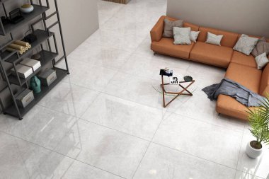 Oturma odasının içinde turuncu kanepe ve arka planda sandalyeli yemek odası, beyaz beton zemin ve kırsal pencereli. Çerçeve menüsü, ahşap mobilyalar. Modelleme. 3B Hazırlama
