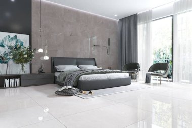 Yatak odasının içi poster çerçevesi, büyük yatak odası, gri yatak, ekose, lamba, ahşap tezgah, siyah merdiven, gri halı, sıva ve kişisel aksesuarlarla kaplı duvar. Ev dekoru. Modelleme. 3B Hazırlama