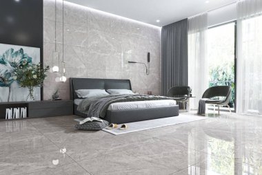 Minimalizm, modern İskandinav iç tasarımı. Duvarı sıva kaplı yatak odası. Doğa manzaralı panoramik pencereler. Gri, büyük, rahat bir yatak, duvarda ve yerde mermer. 3B Resim Hazırlama