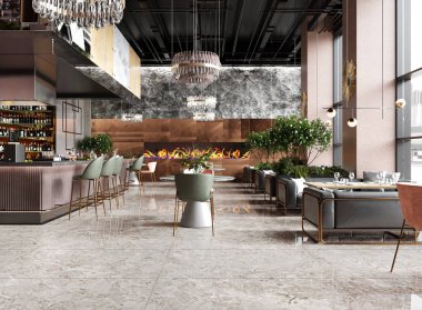 Kafeteryanın içinde sandalyeler ve sıra sıra yemek pişirme alanı ve bar tezgahı var. Şehir manzarasına panoramik pencereli iş binasında yemek odası. 3B Hazırlama