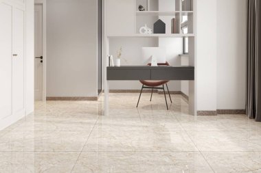 Uzaktan çalışma ve ofis olarak evden çalışma lüksüne sahip olmak yeni bir iş trendi. Merkez ofis çalışmak için güvenli bir yer, beyaz sandalye, beyaz beton duvar, masada bitkiler. Modelleme. 3B Hazırlama