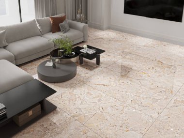 Modern iç tasarım, geniş bir odada, beyaz bir duvara karşı çiçekli bir masanın yanında. Rahat gri kanepesi, bitkileri ve zarif aksesuarları olan parlak, ferah bir oda. 3B Sunumlar