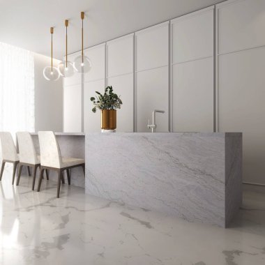 Mutfağın içinde paslanmaz çelik bir lavabo, ferahlık için köşedeki seramik bir üste bir para fabrikası, iki beyaz mermer tezgah, ek depo için gri raflar 3D
