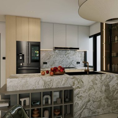 Morden Mutfak İçi yemek alanı, gri mermer döşeme, ahşap mutfak rafları, güzel manzaralı bir pencere, seramik mutfak tezgahı, fırın ve diğer döşemeler. Modelleme. 3B Hazırlama