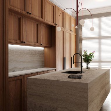 Lüks bir mutfağın içinde ahşap bir tezgah, dizayn edilmiş bir duvar, seramik bir çay seti, birkaç bitki, gri bir buzdolabı ve birkaç mutfak gereçleri, asılı bir avize bulunur. 3B Hazırlama