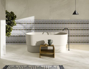 Interior of luxury bathroom with white and grey marble walls, tiled floor, comfortable ceramic bathtub standing near the window and round double sinks with mirrors, black hanging lamp. 3D Rendering clipart