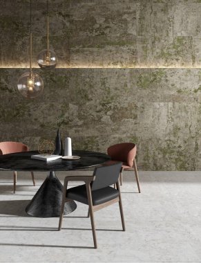 Klasik kırsal kahverengi mermer duvarlı modern klasik yemek odası perdeli büyük pencereli sandalyeli seramik masa klasik dekoratif bölmeli beyaz mutfak. 3B Hazırlama