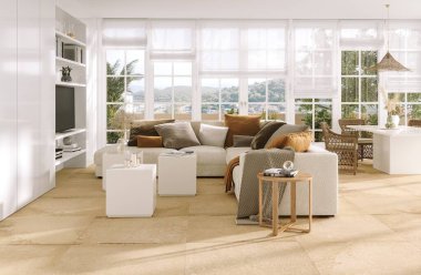 Stylish modern living room furnishings and contemporary home decor. A luxurious interior with a custom lamp and sofa, beige marble flooring, and a window with a lovely view of the yard. 3D Rendering clipart