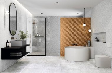 Modern minimalist banyo iç tasarımı parlak taş fayanslar ve ahşap duvar dokusu, ikiz tuvaletler, ahşap mobilyalar, dairesel ayna, seramik küvet dışında pencere. 3D Illustration. 3B Hazırlama