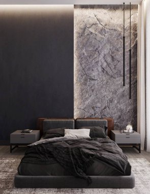 Lüks yatak odası, boho tarzı iç dekorasyon, beyaz ve gri renkler, büyük boy yatak, panjurlu pencere, asılı lambalar. Çiftlik evinin klasik iç tasarımı. 3 Boyutlu Çizimler. Modelleme. 3B Hazırlama