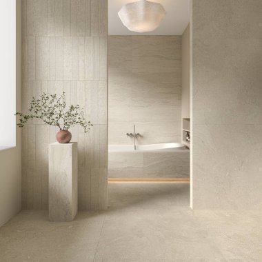 Küvetli gri banyo iç tasarımı, dairesel aynalı mermer lavabo, yan görüş, beton zeminde cam kapılı duşlar. Pencereli modern banyo. Estetik dekor. 3B Hazırlama