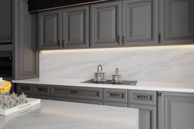 Bir mermer tezgah, beyaz seramik lavabo, gri sandalyeler, çiçek saksıları, seramik kap rafı ve gri ahşap raflar bu klasik modern mutfak iç tasarımını karakterize eder. Modelleme. 3B Hazırlama