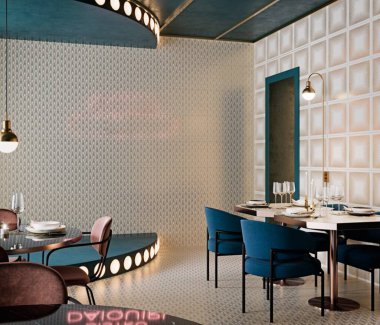 Klasik tarz reklamların önündeki kahve dükkanı. Pastel kahverengi fayanslı bir kafe. Dükkanda boş tabela, masa, sandalye ve kahve arabası var. Modelleme. 3 Boyutlu Çizimler. 3B Hazırlama