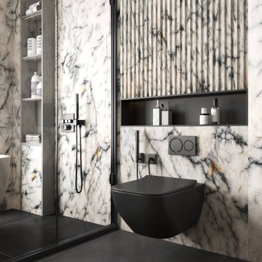 Modern, parlak banyo iç tasarımı banyo, duvarda bej mermer, yerde siyah mermer ve dekoratif nesneler. Tarz ve hijyen kavramı. 3 Boyutlu Çizimler. Modelleme. 3B Hazırlama