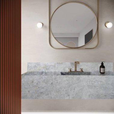 Modern lüks banyo içi bej mermer döşeme, seramik leğen tezgahı ile dekore edilmiş, beyaz asılı lambalar, beyaz küvet ve ahşap mobilyalar. Modelleme. 3 Boyutlu Çizimler. 3B Hazırlama