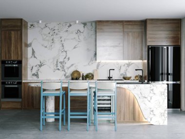 Beyaz duvarları, gri mermer zemini, seramik mutfak tezgahı, beyaz sandalyeli ahşap yemek masası, asılı lambalar, buzdolabı, ahşap mobilya, pencere duvarı olan şık bir mutfak. Üç Boyut