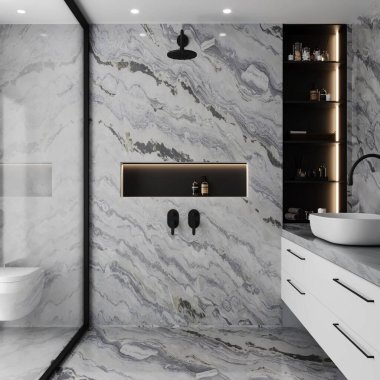Beyaz mermer zemin ve duvarları olan lüks banyo, beyaz küvet, asılı lambalar, ahşap yüzey üzerinde çift lavabo ve yukarıda aynalar, ahşap mobilyalar, güzel manzaraya açılan pencere duvarı. 3B Hazırlama