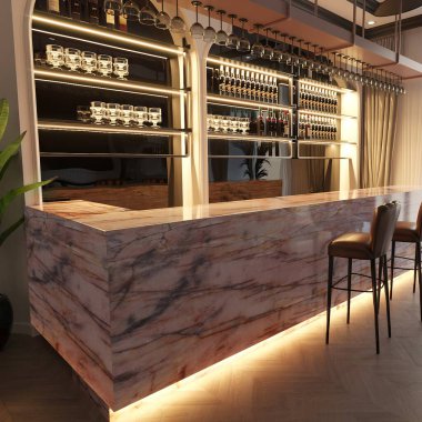 Restoranın içi rahat ve rahat, duvarlarında gri mermer ve döşemeleri var. Harika duvar dekorları, zarif mobilyaları ve yemek masaları olan rahat, modern bir yemek odası. 3B Hazırlama