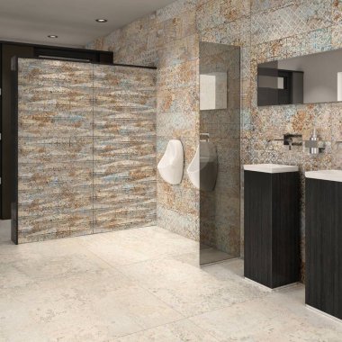 Beyaz lavabo ve aynalı bej banyo, mermer zeminde halı, beyaz küvet, taze bitkiler. Banyo aksesuarları ve ahşap bölme. 3 Boyutlu Çizimler. Modelleme. 3B Hazırlama