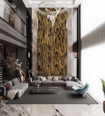 Beyaz mermer döşemeleri, duvarları, ahşap mobilyaları, beyaz ayakta duran lambası ve gri duvarda asılı avizesi, gri rahat kanepe seti olan rahat bir oturma odası. 3B Hazırlama