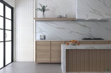 Gri mermer döşeme, duvarda beyaz mermer, ahşap depo rafı, beyaz desenli beton duvar, muhteşem bir manzaranın penceresi. 3 Boyutlu Çizimler. 3B Hazırlama