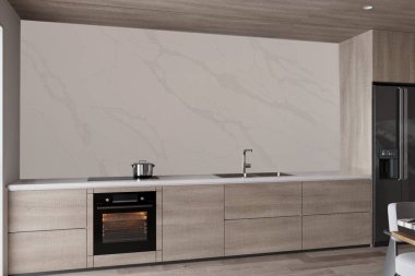 Sıcak gri ahşap dolapları, beyaz adaları ve ahşap aksanları olan modern sahil apartman dairesi mutfağı, duvarda beyaz mermer, ahşap döşeme, muhteşem bir manzaranın penceresi. 3 Boyutlu Çizimler. 3B Hazırlama