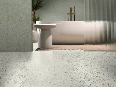 Beyaz taş makyaj tezgahı, modern kase lavabosu, mermer döşeme, lüks güzellik için beyaz tahta paneldeki gölge, seramik küvet, yeşil beton duvarlar. 3 Boyutlu Çizimler. Modelleme. 3B Hazırlama