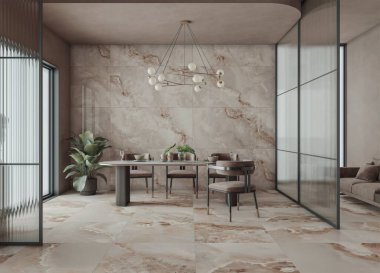 Harika bir yemek odası, beyaz mermer yemek masası, beyaz koltuklar, her yerde çekici bir dekor ve masanın üzerinde beyaz lambalar. 3B Hazırlama