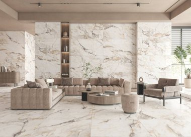 Lüks bir perakende mağazasının karşılama salonunda duvarlarda ve zeminlerde beyaz mermer, misafirlerin dinlenmesi için iki kanepe ve vitrin olarak sunulan önemli stoklar yer alıyor. 3B Hazırlama