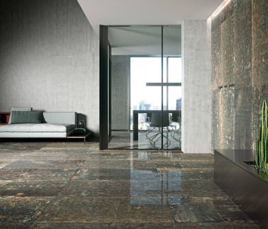 Sıcak kahverengi ve gri tonları olan güzel bir ev, profesyonel olarak sahnelenmiş ve dekore edilmiş, gri kanepe seti, üst kata çıkan merdivenler, ahşap kitap rafı, gri seramik sehpa. Modelleme. 3B Hazırlama