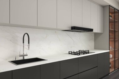 Seramik tezgahı ve tam boy arka sıçraması olan mutfak tasarımı, cam kapaklı çanak çanak dolabı, çağdaş, minimalist, mobilya, lüks ev. 3 Boyutlu Çizimler. Modelleme. 3B Hazırlama