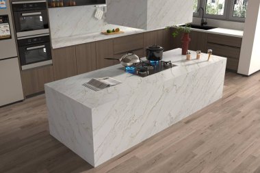 Lüks bir stüdyo daire, mutfak içi ahşap döşeme, beyaz şelale merkezi ada, ahşap depo rafı, beyaz mutfak, beyaz duvar ve şehir manzarası penceresi. 3 Boyutlu Çizimler. 3B Hazırlama