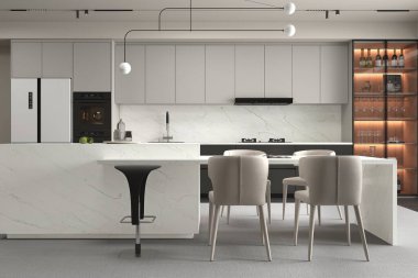 Beyaz dolaplı bir mutfak müfrezesi, beyaz bir adanın üzerinde asılı modern aydınlatma armatürleri, ve mermer bir tezgah ve adaya bağlı tam boy arka sıçrama, yemek alanı. 3B Hazırlama