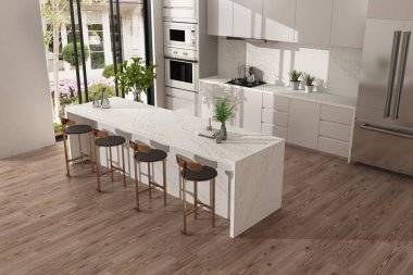 Yeni gümrük evinde güzel bir mutfak. Ahşap döşemeler, paslanmaz çelik aletler, kuvars tezgahlar, ve güneşli bir günde bar taburesi olan büyük merkez kuvars adası, ahşap mobilyalar. 3B Hazırlama