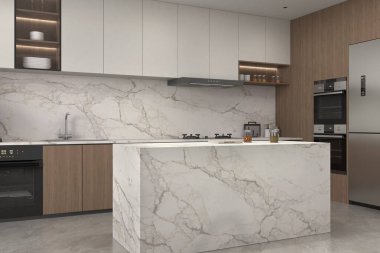 Beyaz İskandinav mutfağı, yemek odası ve ahşap zemin. Sadece çatal bıçaklı mobilyalar, çanak çömlekli raflar ve saksıda bitkiler, modern tasarımda buzdolabı. 3B Hazırlama