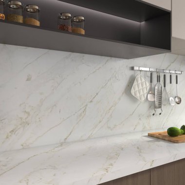 Modern bir mutfakta beyaz bir tezgahın üzerindeki paslanmaz çelik çanak çömlek. Tezgah beyaz mermerden ve dolaplar da hafif ahşaptan oluşuyor. Üç boyutlu görüntüleme. 3B illüstrasyonlar. 