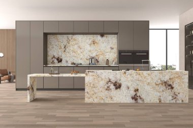 Modern tasarımcı mutfağının ön görüntüsü, pürüzsüz, kablosuz, mermer şelale tezgahlı, devasa bir mermer ada, ahşap döşeme, gri dolaplar. 3 Boyutlu Çizimler. 3B Hazırlama