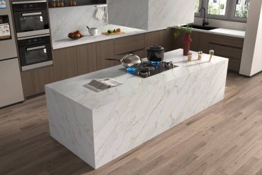 Beyaz ve ahşap duvarları, ahşap zemini, rahat beyaz dolapları, dolapları ve tabureli beyaz adası olan şık bir mutfak. Lüks Mutfak İçi. Modelleme. 3B Hazırlama