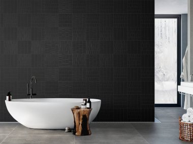 Modern banyo endüstriyel tasarımda, şık iç mekanlarda. Koyu fayans duvarlar, ahşap dolap, ayna ve banyo yeni dairede siyah renkli lavabo mermer döşeme, beyaz küvet. 3B Hazırlama