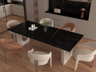 Yemek odasının şık ve botanik bölümünün tasarım sanatı, siyah mermer masa üstü, rahat sandalyeler, büyük pencere, poster haritası ve modern ev dekorunda zarif aksesuarlar. 3B Hazırlama