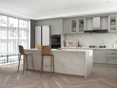 Modern ışık, İskandinav tarzı daire iç tasarımı. Pastel boyalı mutfak, ahşap dolap, mermer tezgah tezgahı, kapalı ada, ahşap döşeme. Üç boyutlu görüntüleme. Modelleme. 3B Görüntü