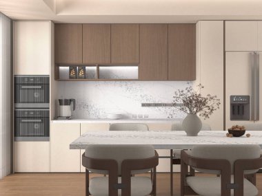 Arka planda mutfak, beyaz mermer tezgah, mutfak gereçleri, çift fırın, ahşap mobilya, seramik masa üstünde çiçek vazosu, ahşap zemin. Modelleme. 3B Hazırlama