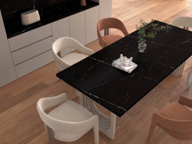 Yemek odasının içini siyah seramik masa ve altı renkli sandalye, ahşap döşeme, masada kitaplar, yan mobilyalarda siyah mermerden yapılmış ekmek kızartma makinesi ile görmek. 3 Boyutlu Çizimler. 3B Hazırlama