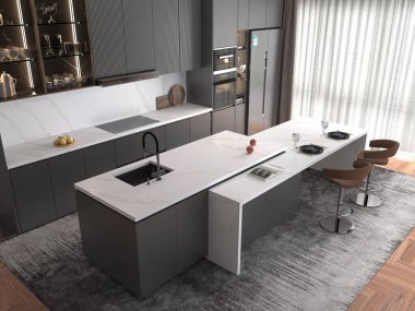 Modern bir mutfak. Beyaz atölyesi, siyah lavabo, soba, fırın, mutfak aletleri, beyaz tezgah, gri mobilya depolama rafları, gri halı, üç sandalye. Modelleme. 3B Hazırlama