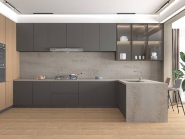 İç mimari modern çiftlik evi mutfağı ve yemek odası gri şelale tezgahı, paslanmaz aletler ve kubbeli tavanlı oturma odası ahşap döşeme, siyah dolaplar. 3B Hazırlama