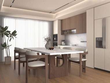 Güzel bir ortam, ahşap döşeme, beyaz mutfak tezgahı ve geri sıçrama, perdeli pencere, bej buzdolabı, ahşap mobilya. 3B Hazırlama