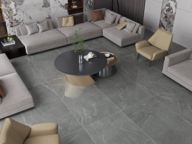 Living room interior with glossy gray quartz on floor, grey and beige comfy sofa set, double coffee table in center, white tile on wall. 3D Illustrations. 3D Rendering